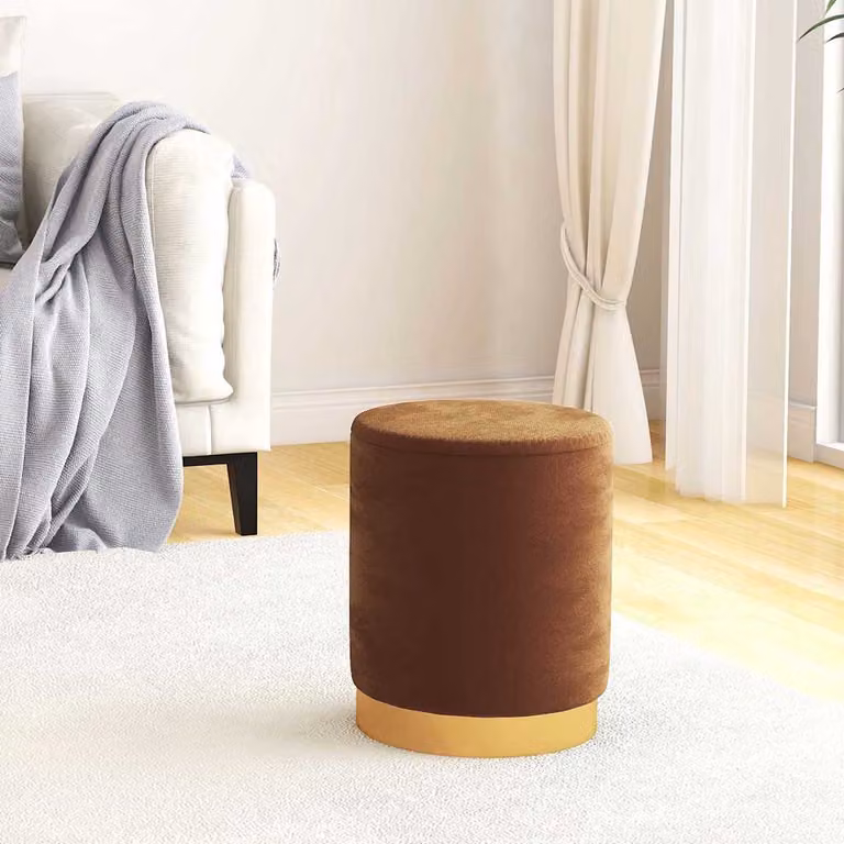 Sgabello rotondo con contenitore vidaXL in velluto marrone con struttura in metallo, Diametro: 37 cm, Altezza: 31 cm