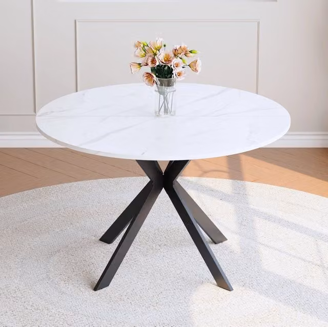 Tavolo da pranzo rotondo MODFU in MDF effetto marmo bianco e metallo nero con base a X, Diametro: 110 cm