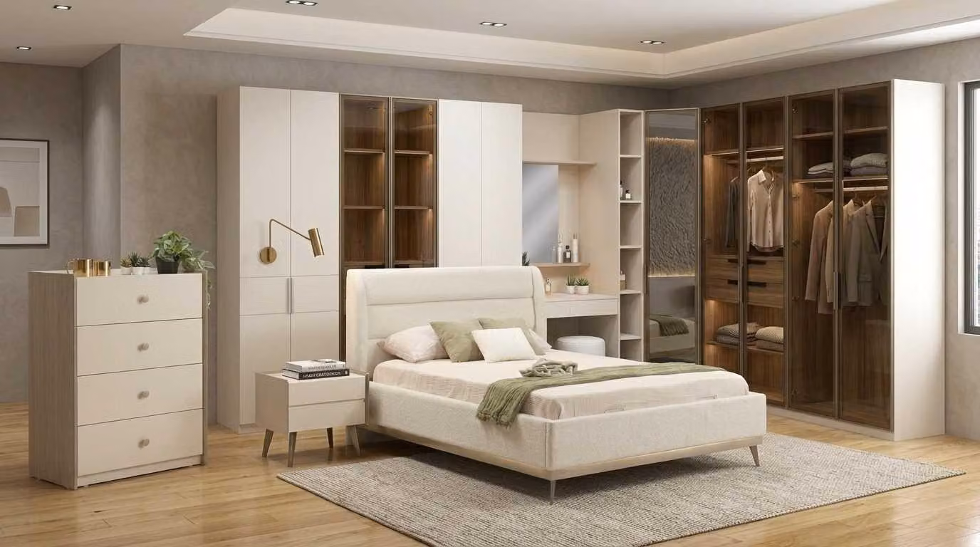 Set moderno per camera da letto, color beige, composto da: letto elegante, comò e mobiletto angolare
