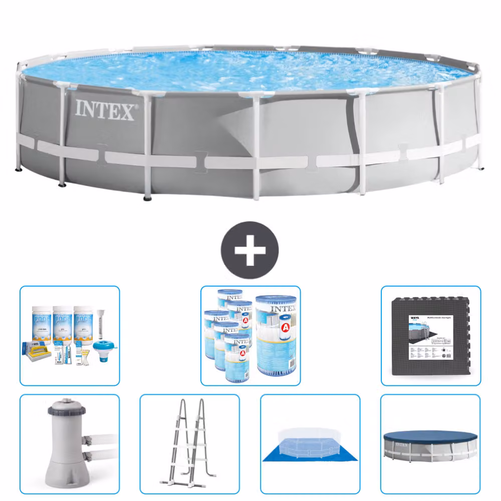 Piscina Intex Round Prism Frame - 457 x 107 cm - Grigio - inclusa pompa - scaletta - telo di fondo - pacchetto di manutenzione della copertura - filtro - piastrelle per il pavimento