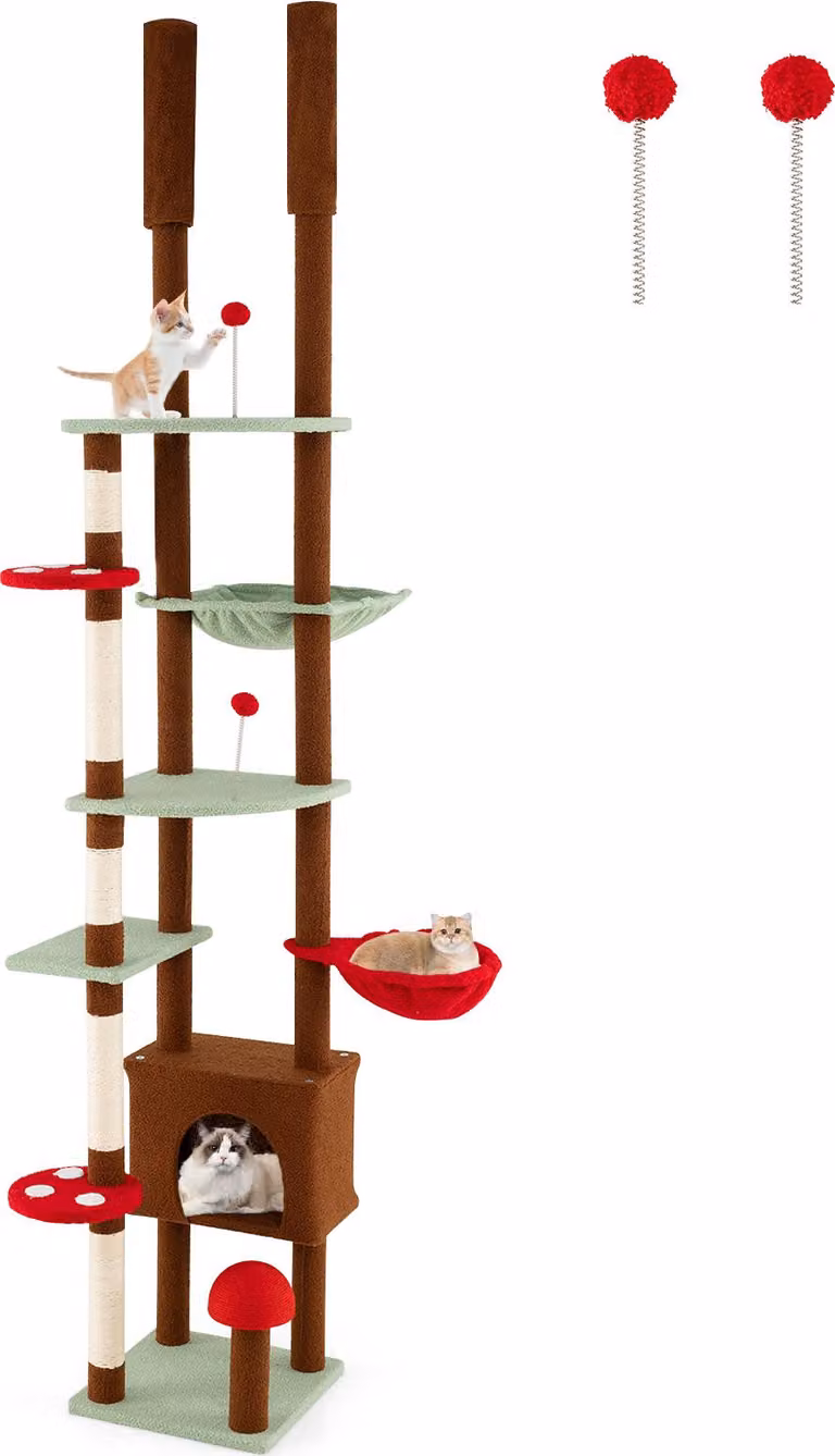 COSTWAY albero per gatti, alto fino al soffitto, fungo, 247-277 cm, dal pavimento al soffitto, albero per gatti con cesto appeso, tiragraffi in sisal, palla, grotta e piattaforma, marrone