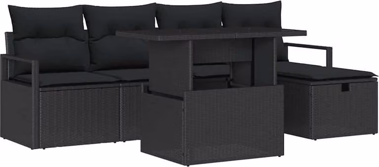 Set Divano da Giardino con cuscino 6 pcs Nero Poly Rattan