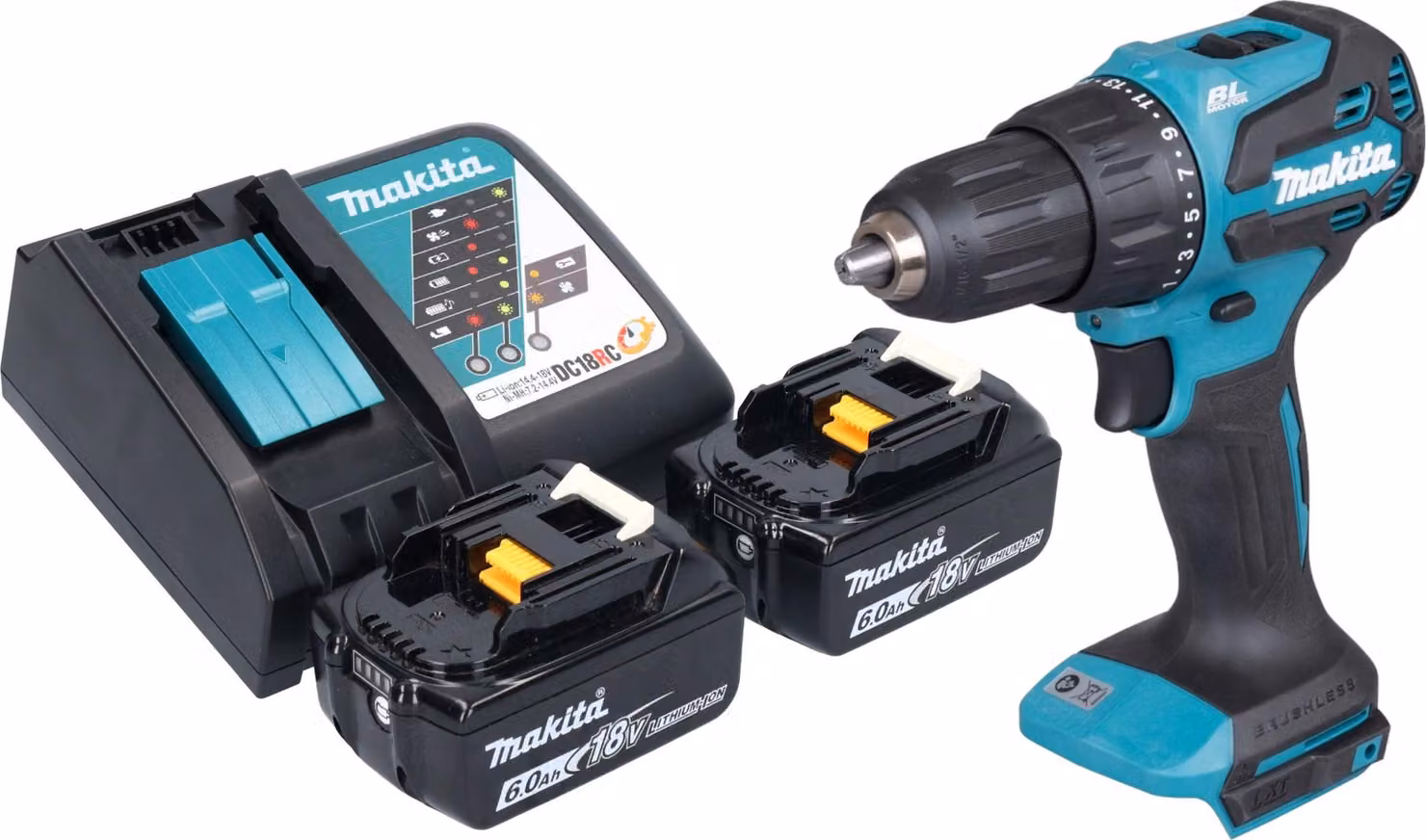 Makita DHP 490 RG Trapano avvitatore a percussione a batteria 18 V 65 Nm Brushless + 2x batteria 6,0 Ah + caricabatteria