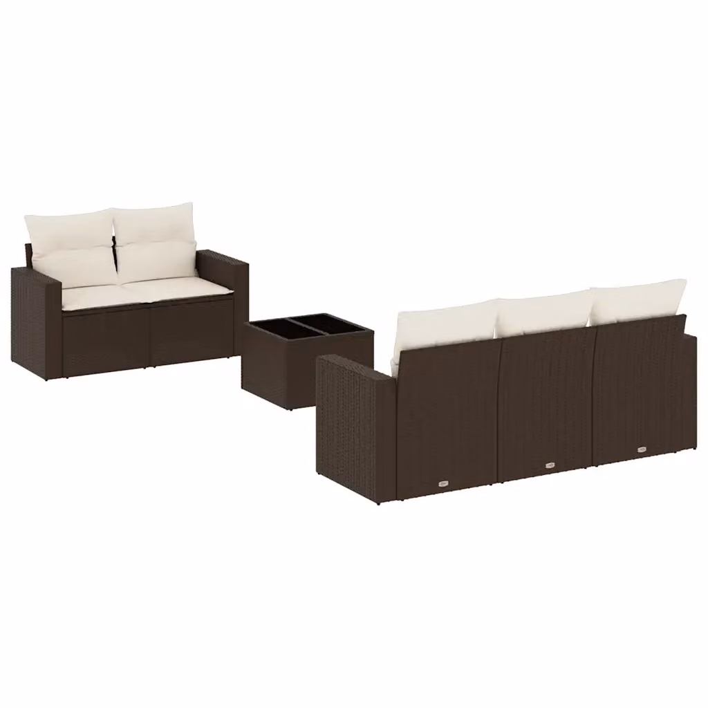 vidaXL Set Divano da Giardino 6 pz a L in Polyrattan Marrone con Cuscini Bianchi e Tavolino – 2
