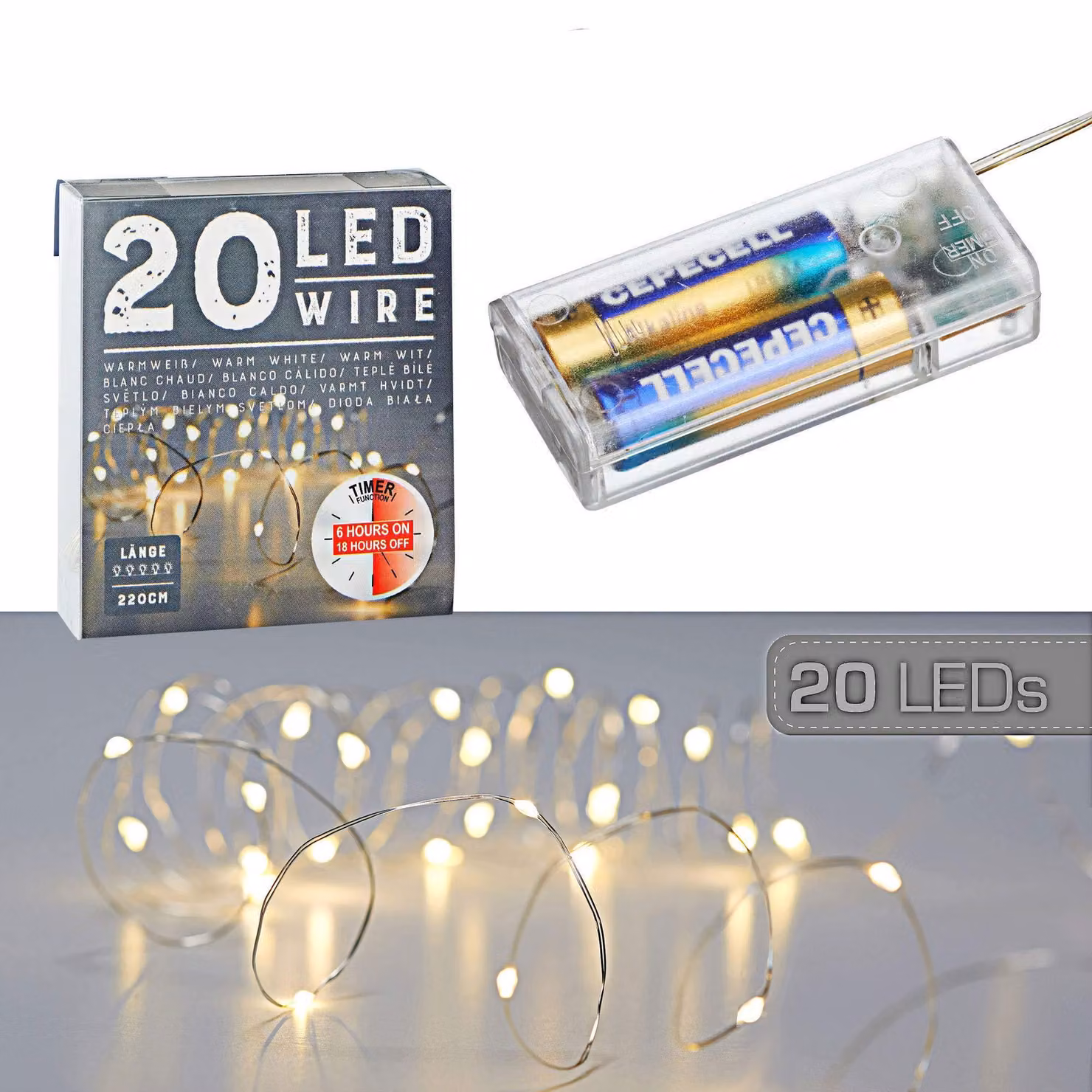 Catena luminosa a LED con 20 micro-luci bianche calde, timer e finitura argento