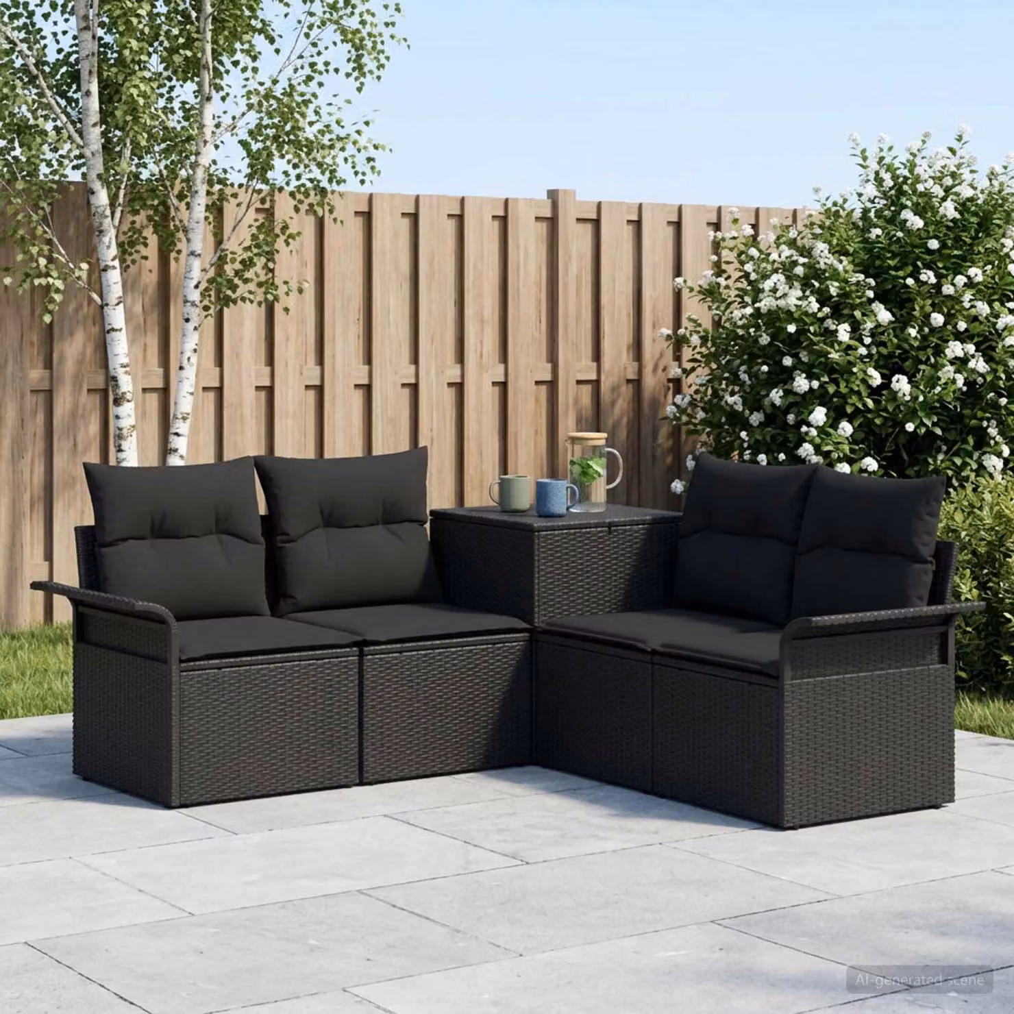 Set di divani da giardino vidaXL a forma di L con 5 pezzi, colore nero, in rattan sintetico e acciaio verniciato a polvere con cuscini inclusi