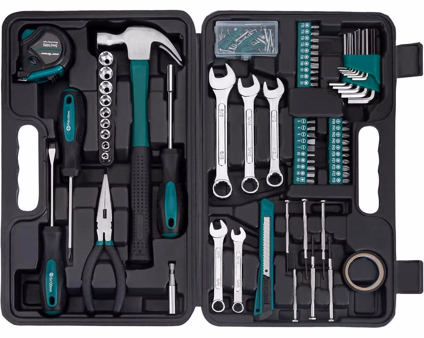 Set di 148 pezzi, utensili per uso domestico generale, con custodia in plastica, colore verde
