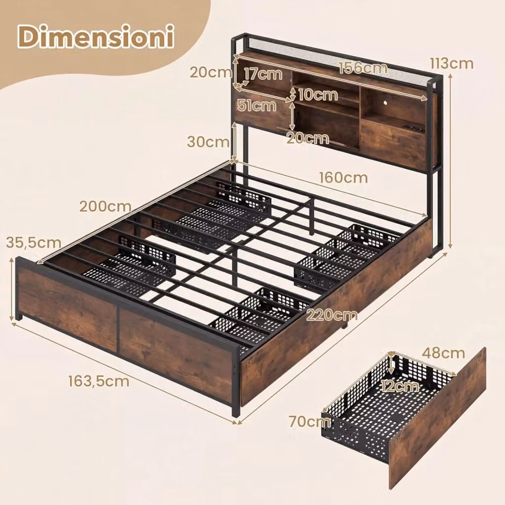 Letto a piattaforma con testiera e 4 cassetti Costway in stile industriale, colore marrone, con porte di ricarica USB e ripiani laterali, L/P/H: 160 x 200 cm – 2