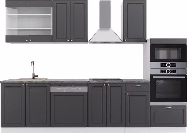 Cucina componibile moderna Fame-Line Vicco colore antracite, oro e bianco, larghezza: 300 cm, con armadio alto e senza piano di lavoro – 1