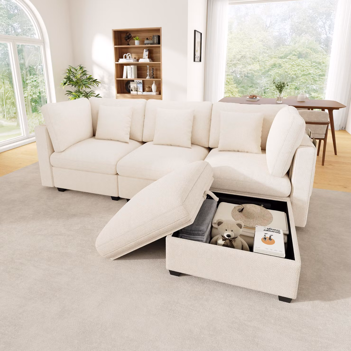 Divano angolare a forma di L, 4 posti, modulare con spazio contenitivo, poggiapiedi, tessuto in chenille con trama waffle, tasche laterali, 3 cuscini, divano per soggiorno, color beige