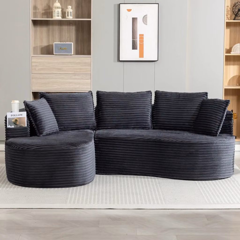 Divano Curvo L-Shape REDOM in Tessuto a Coste Grigio con Cuscini Inclusi L/P/H: 250 x 152 x 82 cm – 2