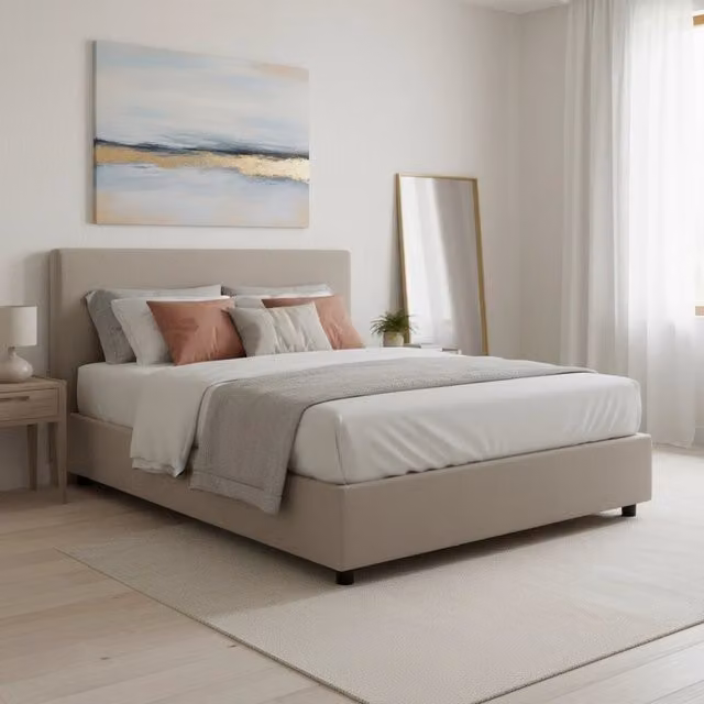 Letto matrimoniale contenitore Arvic di Talamo Italia con rivestimento in tessuto beige, adatto per materasso 140x200 cm