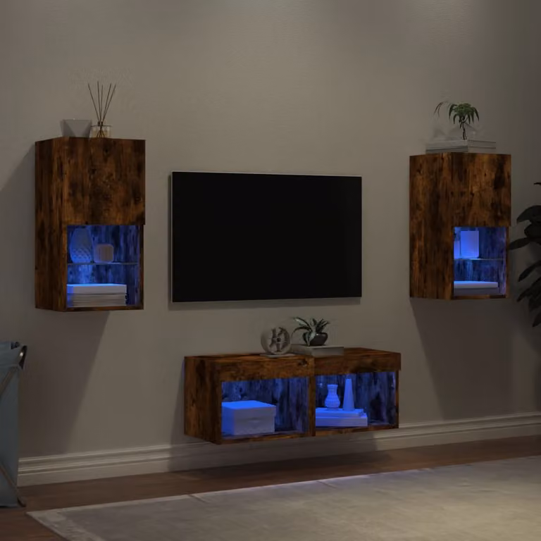Set di 4 mobili TV da parete vidaXL con luci LED integrate in rovere marrone e vetro