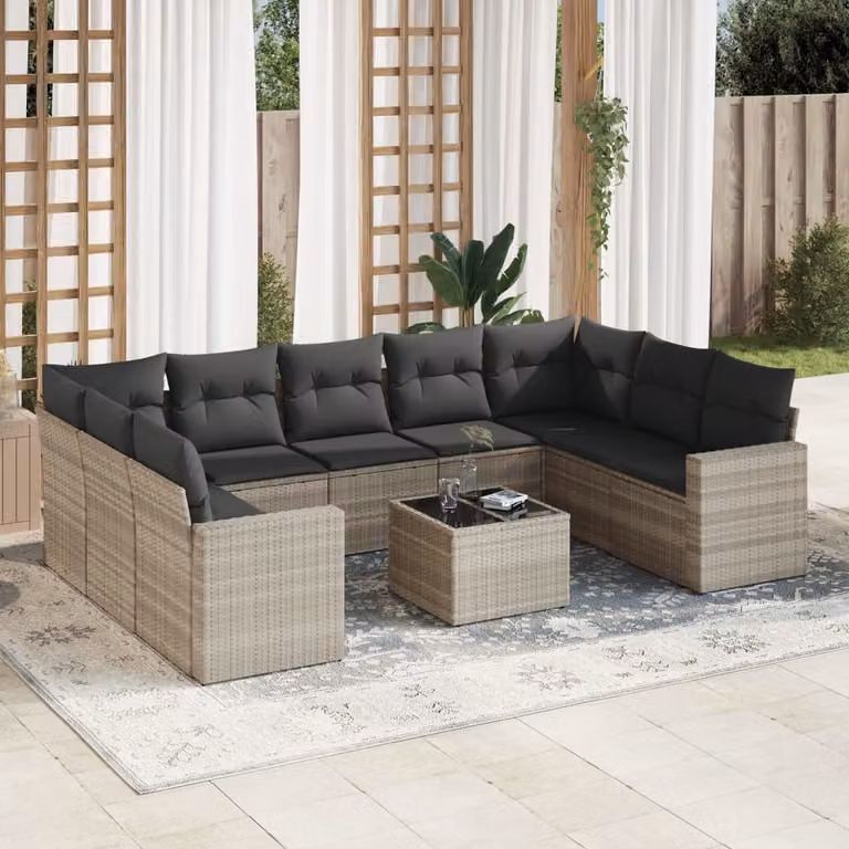 vidaXL Set Divano da Giardino 10 Pezzi in Polyrattan con Cuscini Grigio Chiaro e Tavolino da Esterno
