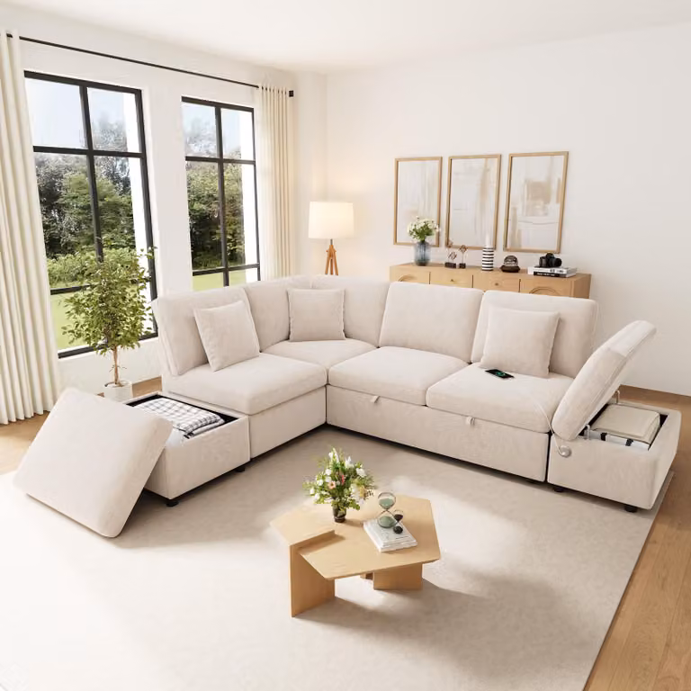 Divano angolare a forma di L MODFU, divano modulare, divano relax con spazio contenitivo, porta USB/Type-C e poggiapiedi mobile, divano in velluto a 6 posti, color beige, dimensioni 247,5 x 172 x 87 cm