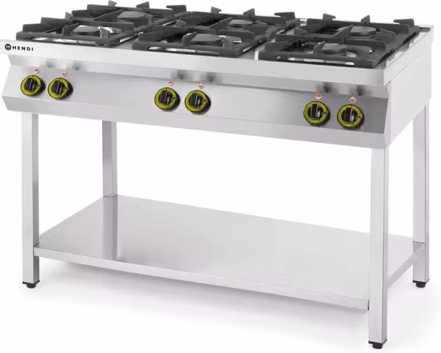 Cucina a gas HENDI Kitchen Line con 6 fuochi e supporto aperto, argento, L: 120 cm, P: 70 cm, H: 90 cm