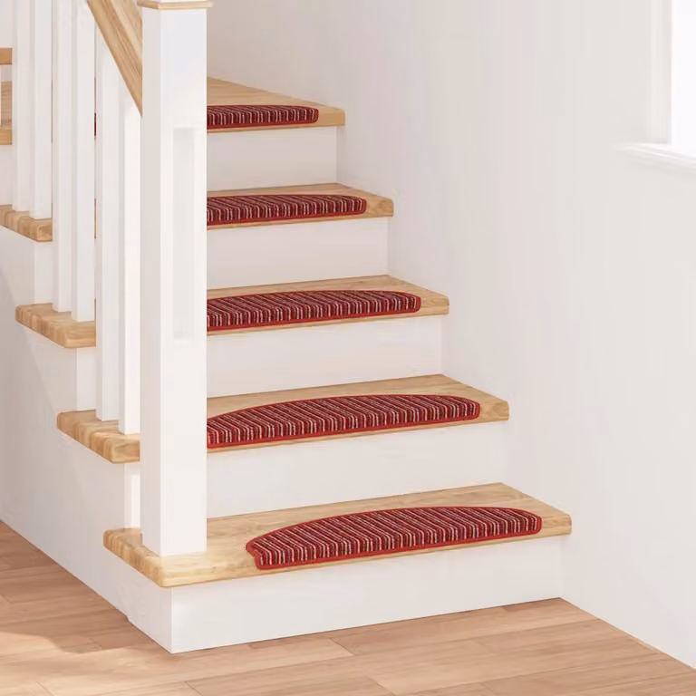 vidaXL Tappetini per scale autoadesivi in polipropilene, 15 pezzi, antiscivolo e fonoassorbenti, motivo a righe, colore rosso, L: 65 cm, P: 21 cm, H: 4 cm