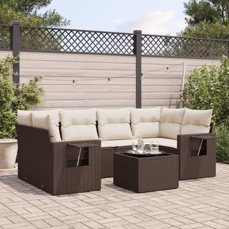 Set di divani da giardino vidaXL in 7 pezzi con cuscini marroni e bianchi in polyrattan e struttura in metallo