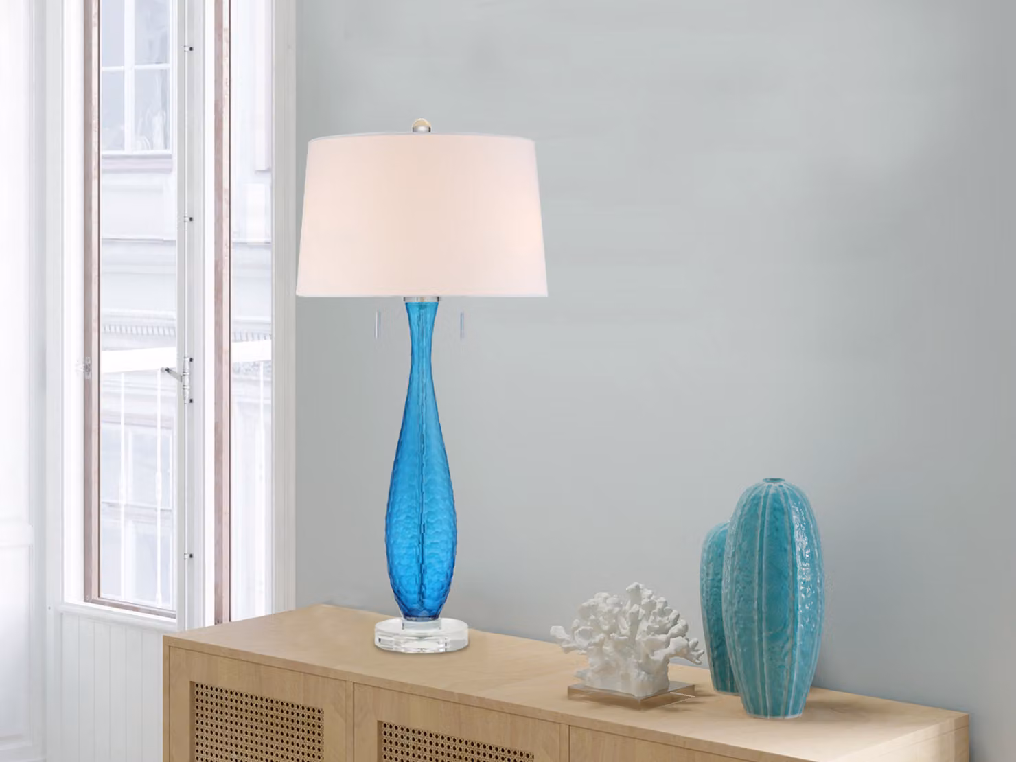 Grande lampada da tavolo a LED in stile Art Nouveau con base in vetro e paralume in tessuto Credenza da soggiorno