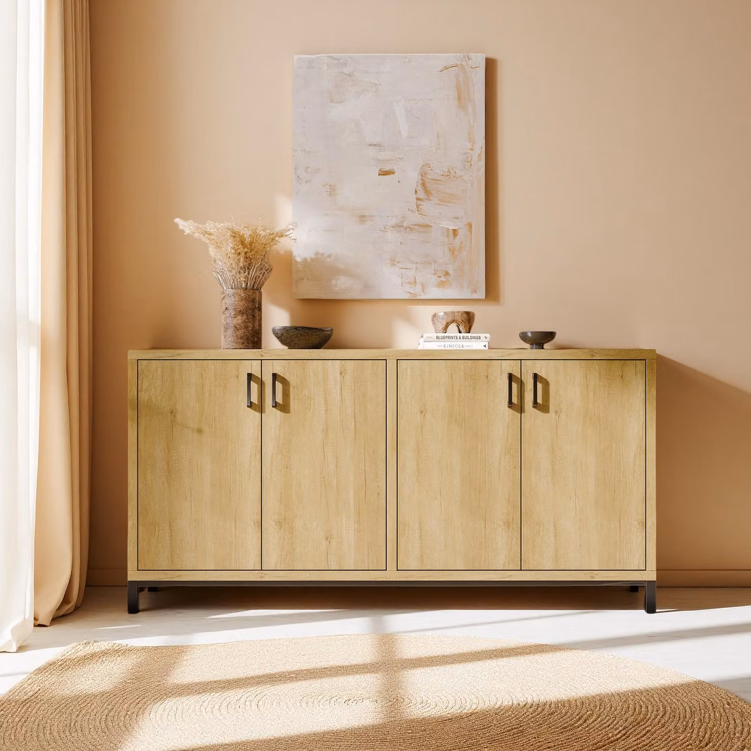 Credenza UnboxG 160 cm effetto legno con metallo, scarpiere / credenza con spazio contenitivo per ingresso, sala da pranzo o cucina, colori naturali, 160 × 35 × 80 cm