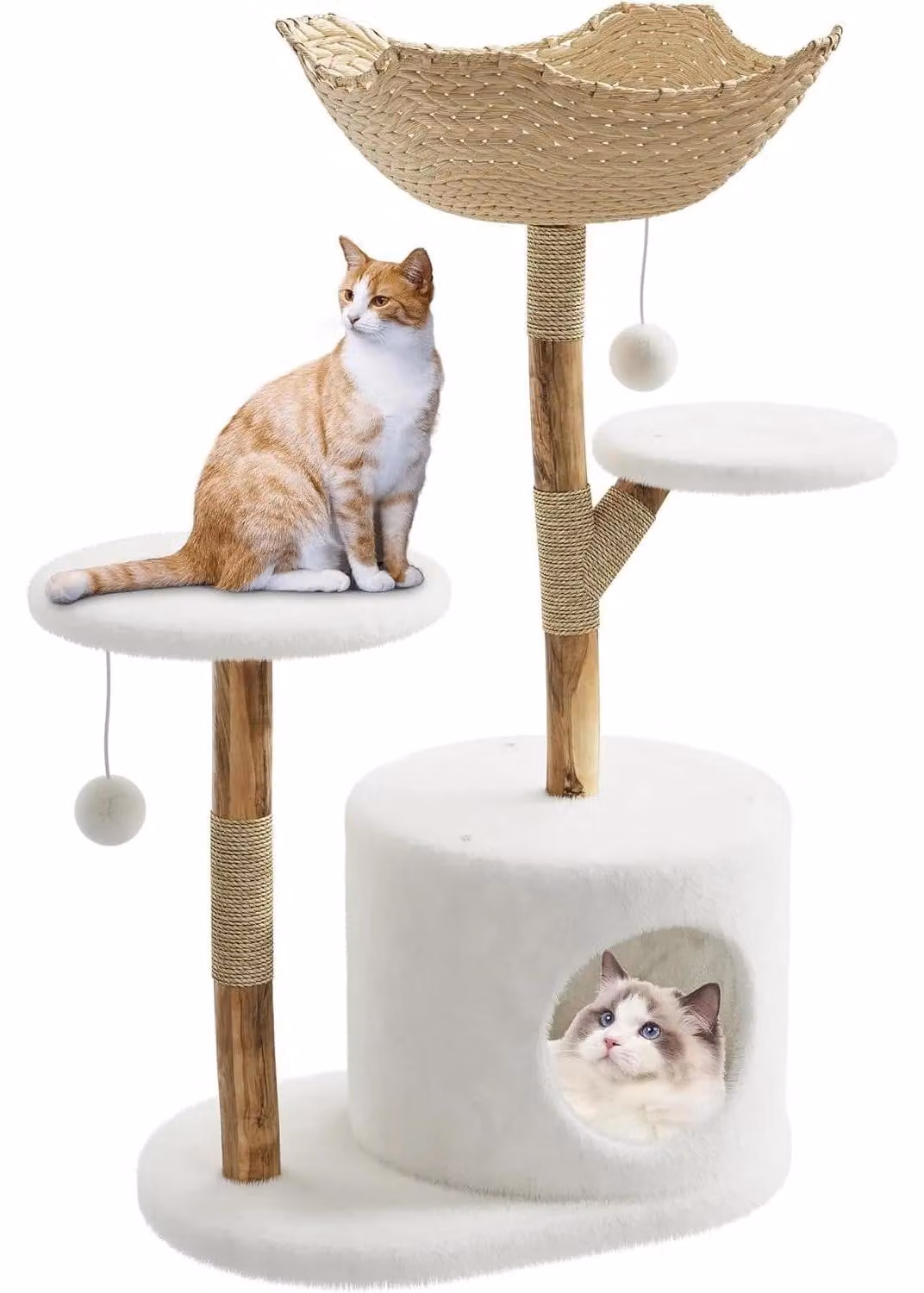 Tiragraffi per gatti - Torre da arrampicata - 3 livelli - Ampia cuccia a cesto - Palla sospesa - Legno - Circa 110 cm - Modello A