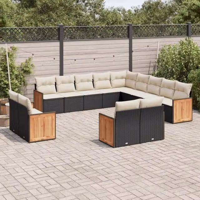 Set di divani da giardino vidaXL in rattan e legno di acacia oliato con cuscini, nero e bianco – 1