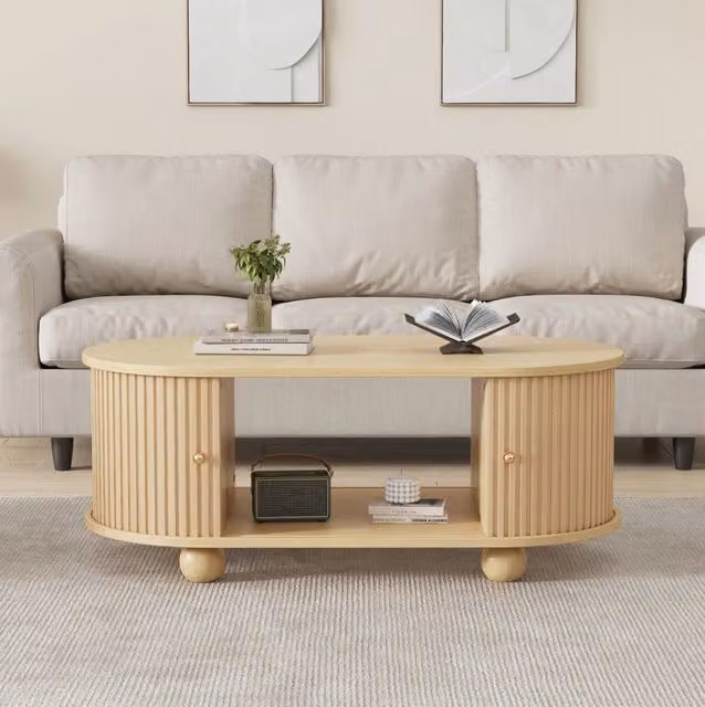 Tavolino da caffè ovale MODFU con vano contenitore e ante scorrevoli in MDF effetto legno marrone e beige L/P/H: 100 x 50 x 40 cm
