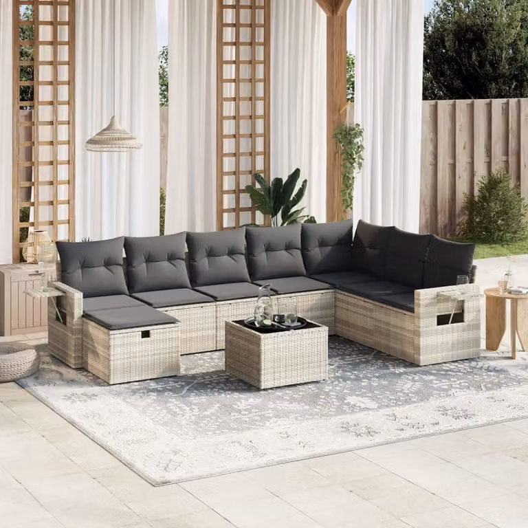 vidaXL Set Divano da Giardino a L 9pz con Cuscini Grigio con Tavolino e Ottoman in Polyrattan e Acciaio
