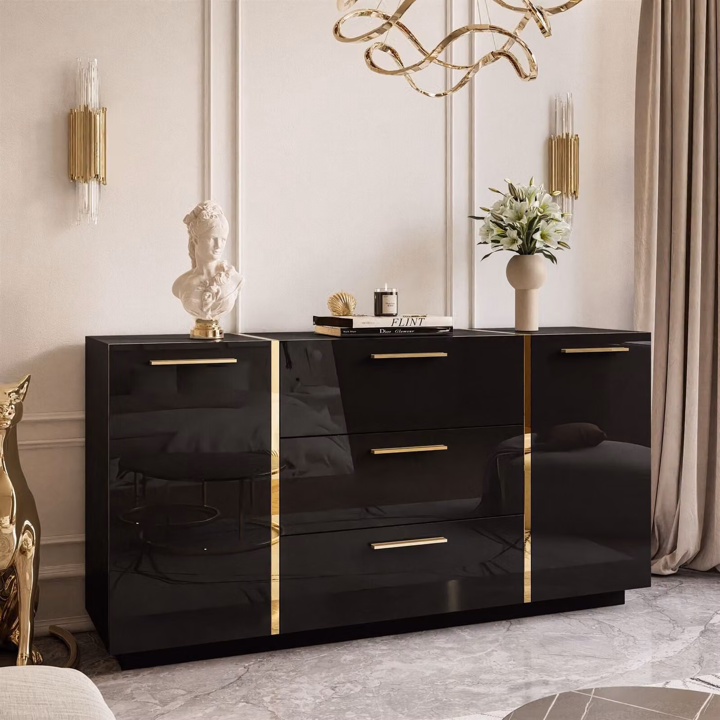 Comò con cassetti nero ONYX lucido con maniglie