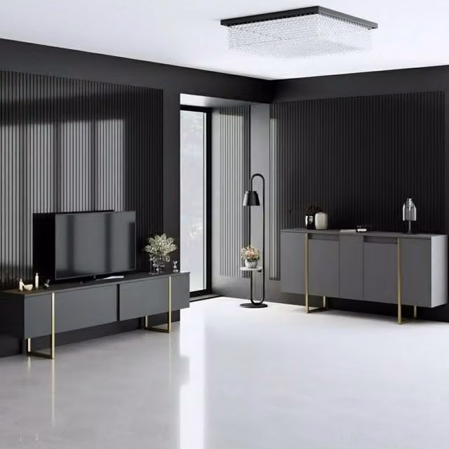 Set di mobili da soggiorno modulabile Pignano DMORA in legno, colore nero antracite e oro, stile moderno