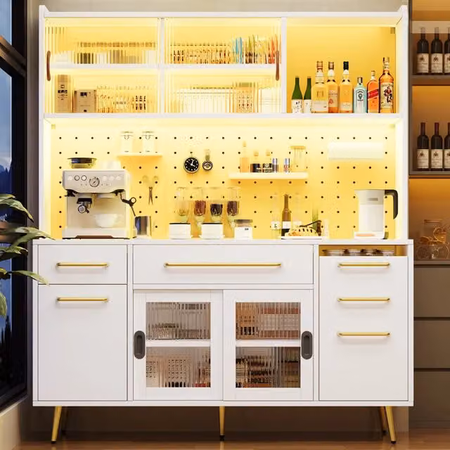 Credenza alta da cucina con LED, 2 cassetti, porta scorrevole, pannello forato e ripiani regolabili, bianca, 145 × 39 × 171 cm