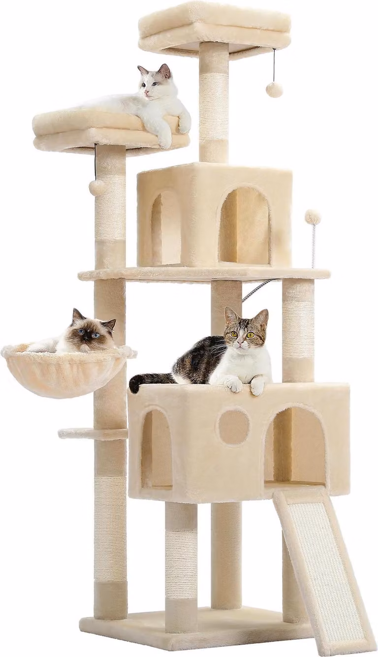Torre per gatti, design a più livelli, tiragraffi e sedili, AMT0181BG, COME VEDUTO