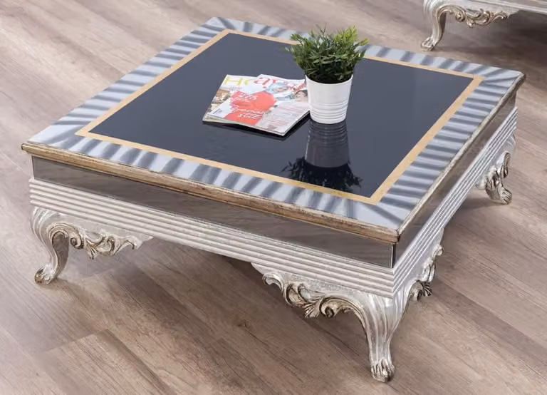 Casa Padrino tavolo da salotto barocco nero / argento / oro 102 x 102 x h. 41 cm - Nobile tavolino in legno massello in stile barocco - Mobili da salotto barocchi
