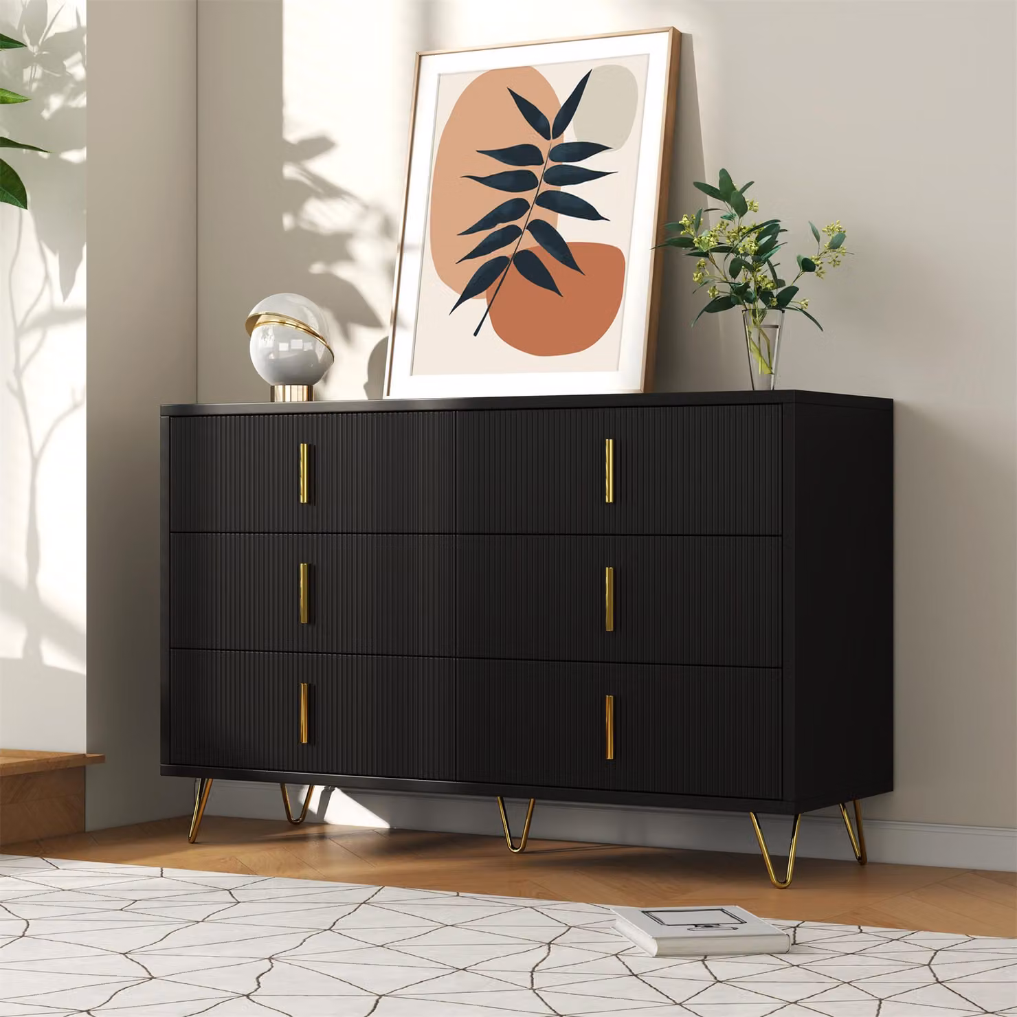 Cassettiera Merax 120 cm con 6 cassetti, credenza portaoggetti con maniglie e gambe dorate, bianco/nero opaco, design moderno, soggiorno camera da letto corridoio