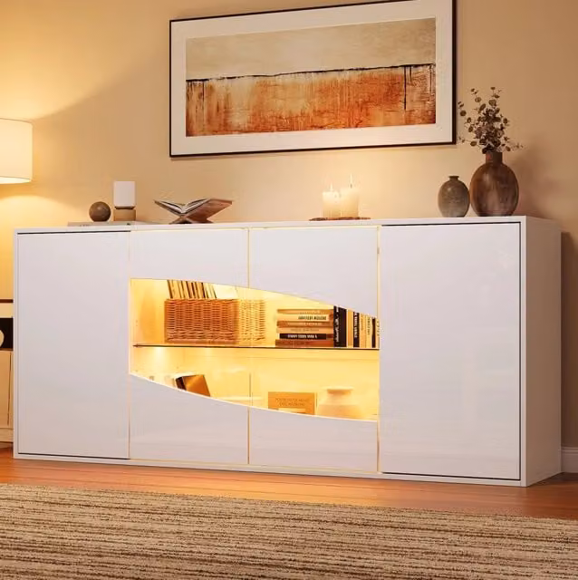 Credenza 160x35x70 cm con LED RGB Bluetooth; 4 ante e ripiani regolabili; MDF bianco lucido