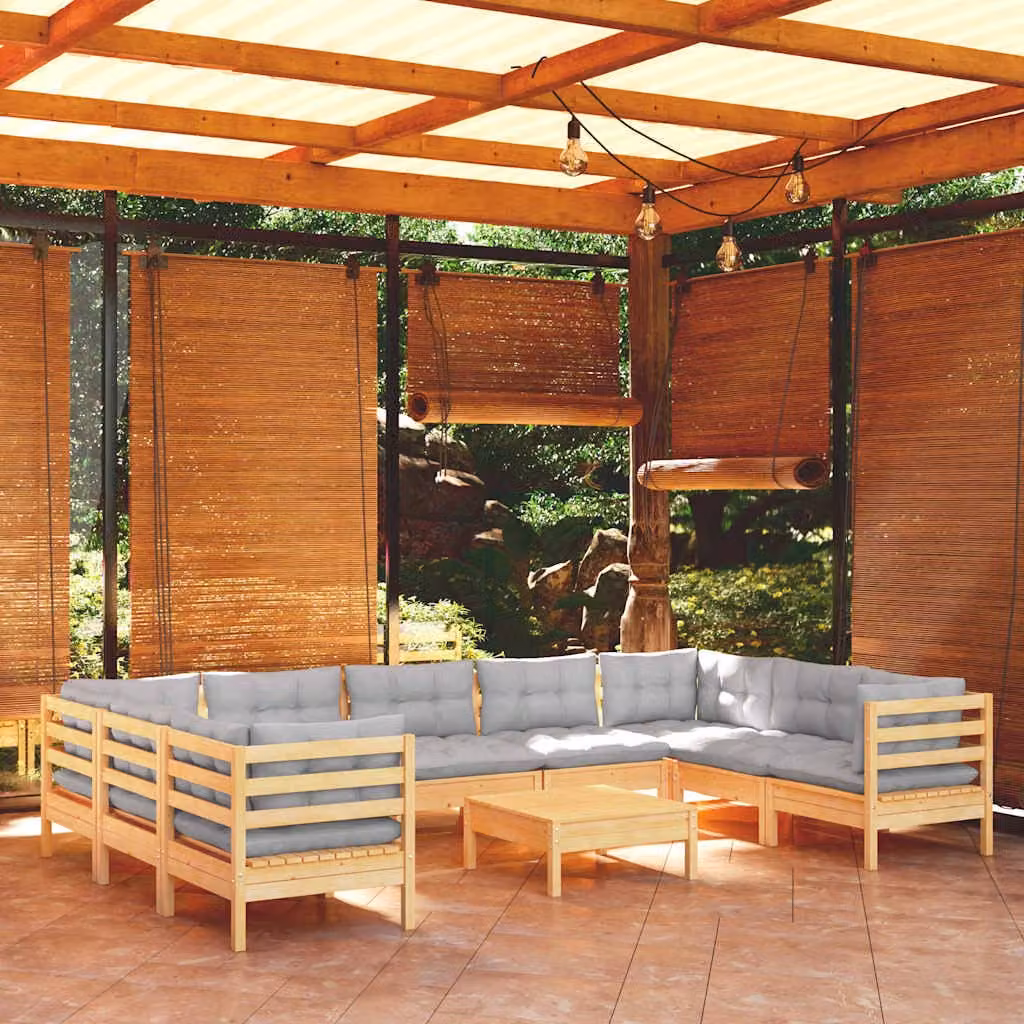 vidaXL Set di Divani da Giardino a Forma di U in Legno di Pino con Cuscini Grigi, 10 Pezzi