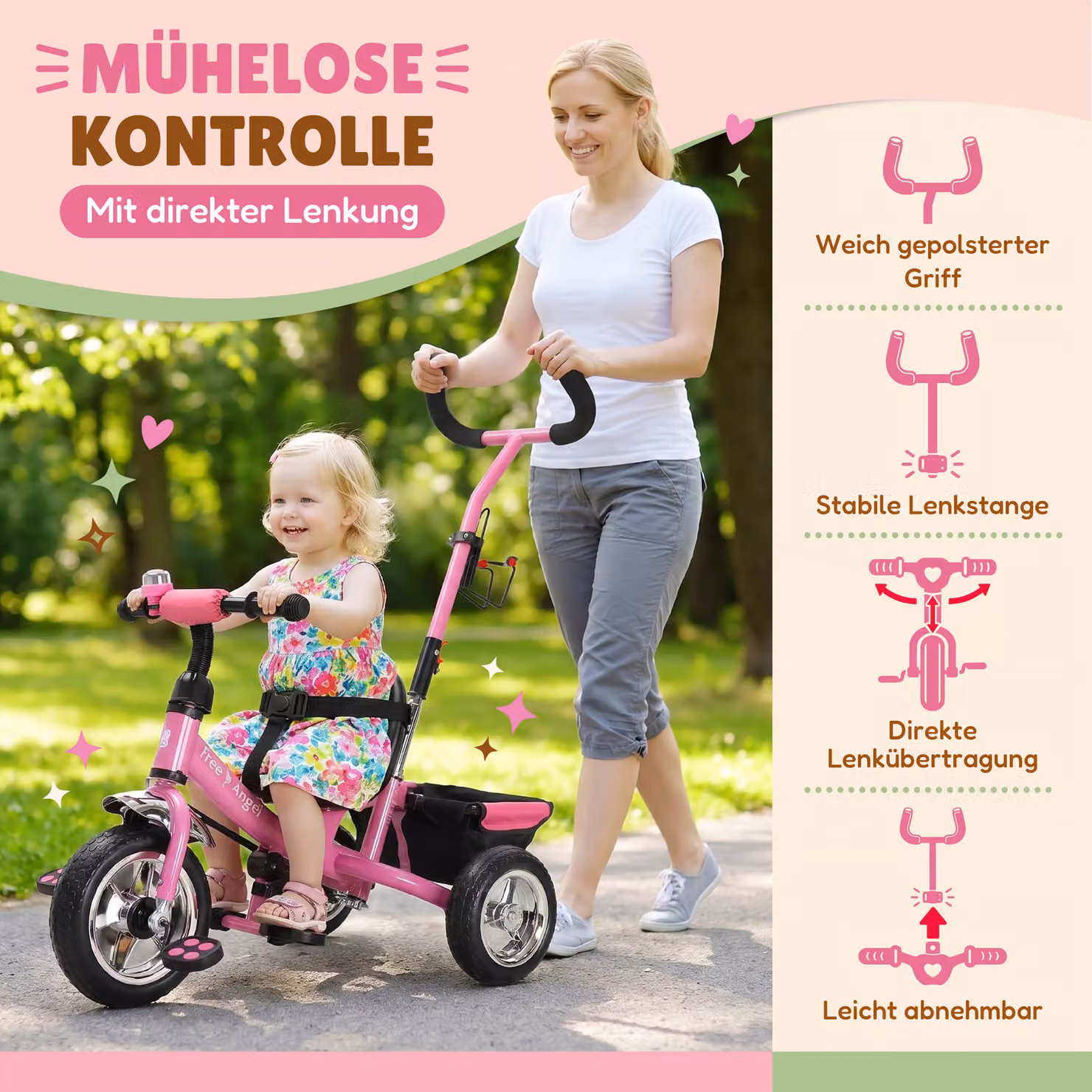 Triciclo per bambini Free Angel Spielwerk rosa con maniglia di spinta in metallo e plastica – 3