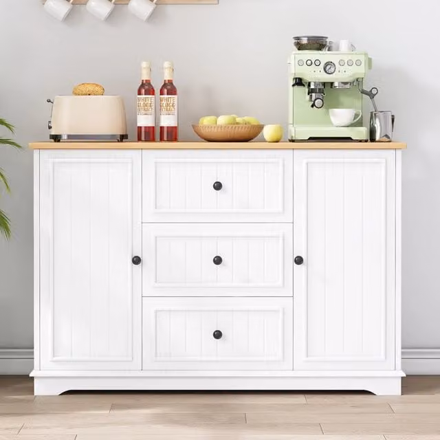 Credenza 126x40x86 cm con 3 cassetti e ripiani regolabili; MDF bianco