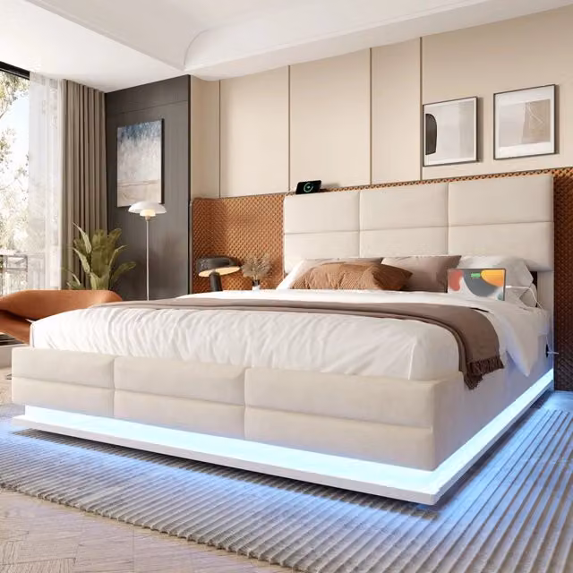 Letto imbottito 180x200 cm con LED; USB; contenitore e testiera regolabile in velluto beige