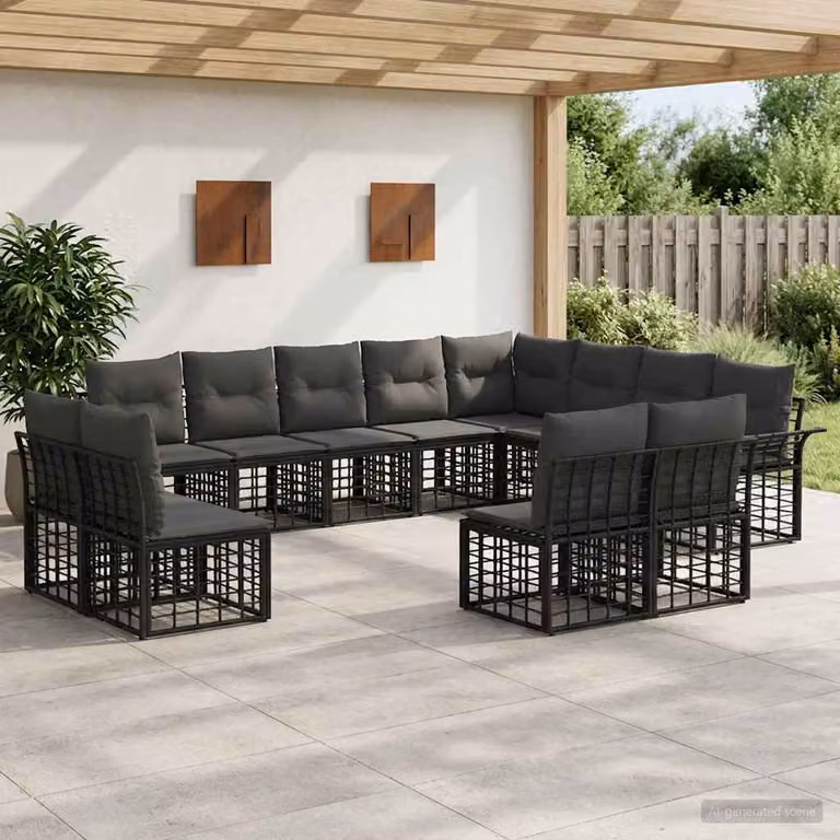 vidaXL Set di divani da esterno a forma di U composto da 12 pezzi, Nero e Grigio, con struttura in metallo e cuscini inclusi