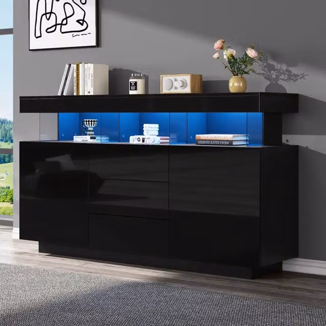 Credenza moderna nera lucida con illuminazione LED integrata in MDF e vetro, L: 140 cm, P: 35 cm, H: 80 cm