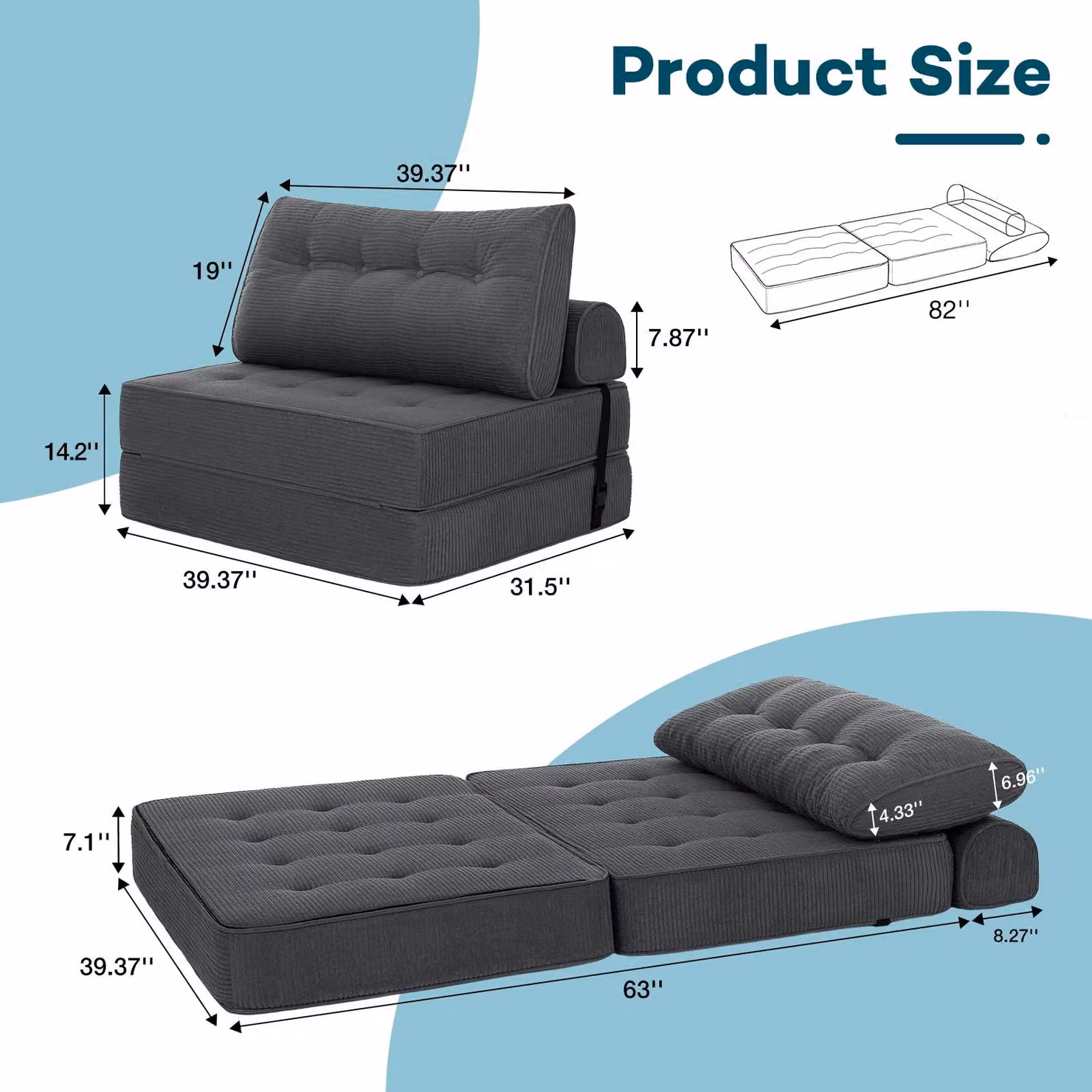 Divano letto pieghevole 3-in-1 - Poltrona letto / Divano da terra - Seduta singola convertibile - Rivestimento in tessuto moderno - Ideale per il soggiorno - Grigio