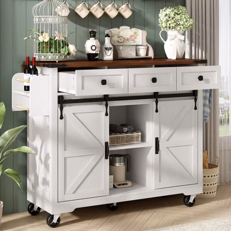STILVORA Mobile da cucina con piano di lavoro estraibile, carrello da cucina con ripiano portasciugamani e 3 cassetti, isola da cucina con 2 ante scorrevoli, bianco