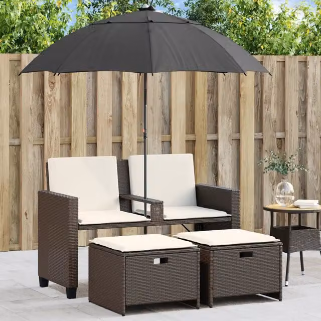 Set da giardino vidaXL composto da divano a 2 posti con cuscini e pouf in rattan marrone con struttura in acciaio verniciato a polvere – 1