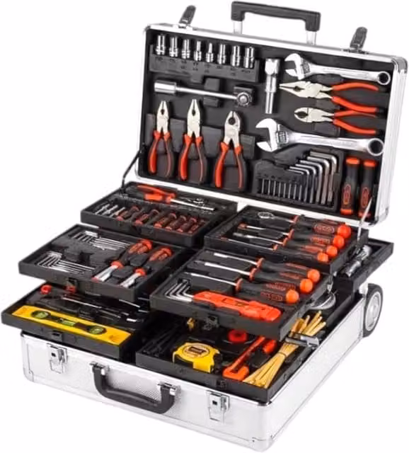 Kit Attrezzi Professionale Trade Shop con Valigetta Trolley in Alluminio Argento 799 Pezzi per Fai Da Te