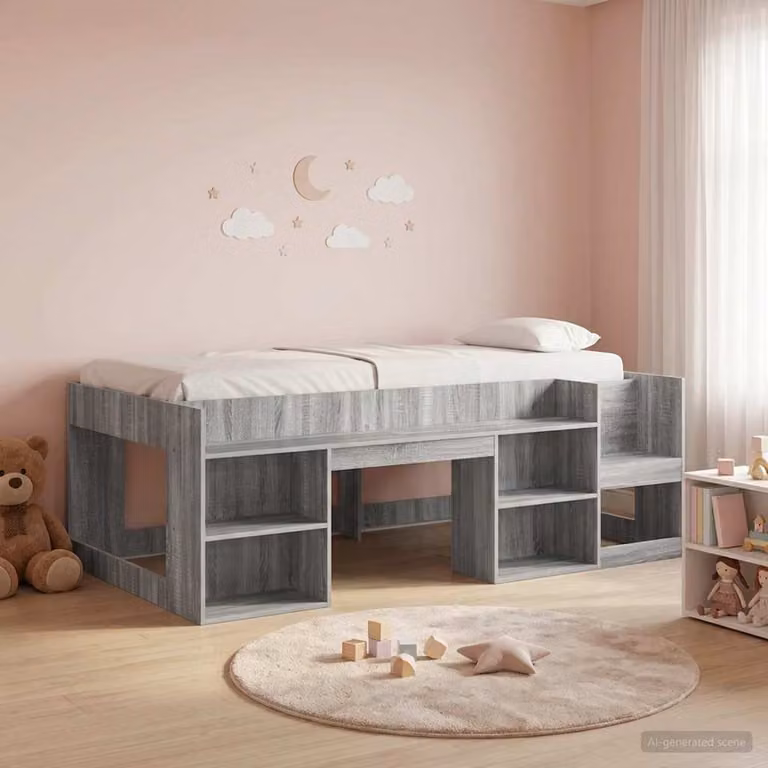 vidaXL Struttura Letto Singolo Rialzato per Bambini con Ripostiglio e Scala, Grigio, L/P/H: 200 x 120 x 127 cm