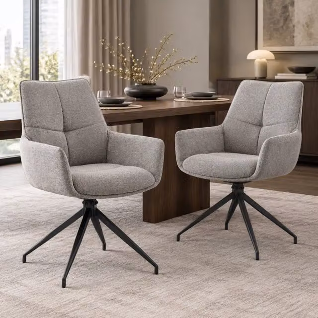 Sedia da pranzo girevole ULEVR 360¡ã in tessuto grigio con braccioli e gambe in metallo nero