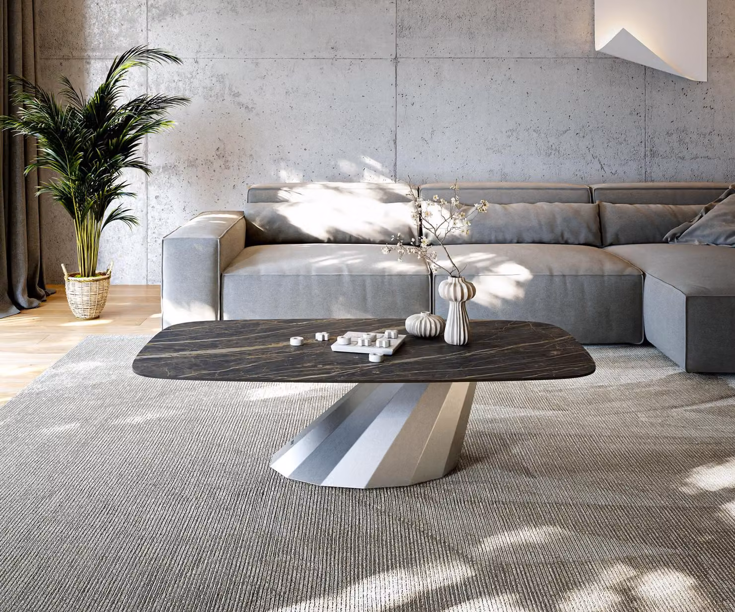 DELIFE Tavolino da divano Edge Boot, 140x80 cm, piano in laminato ceramico Lamina® color Noir Desir, struttura in acciaio inossidabile spazzolato color marrone