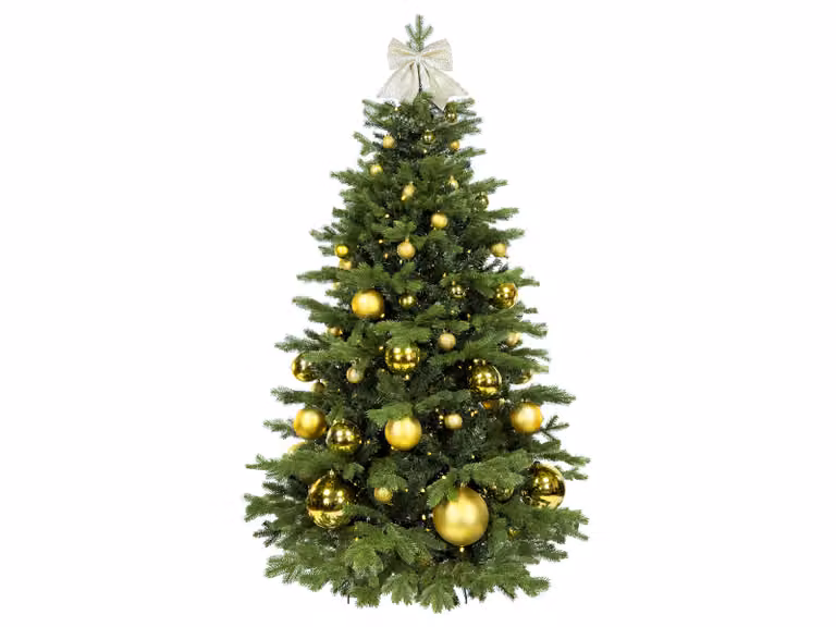 Albero di Natale artificiale decorato con 73 ornamenti NATALE D'ORO II 210 cm con supporto e ornamenti natalizi