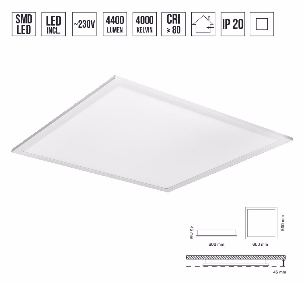 Plafoniera LED ALVARO 40W, 4000K, IP20, bianco L: 600, L: 600, H: 46